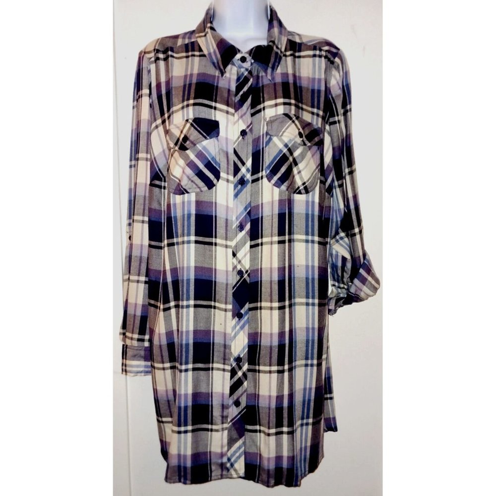 STYLE & CO NWT 1X Parkside Grape Plaid Rayon Tunic Roll-Tab Sleeve Side Slits
